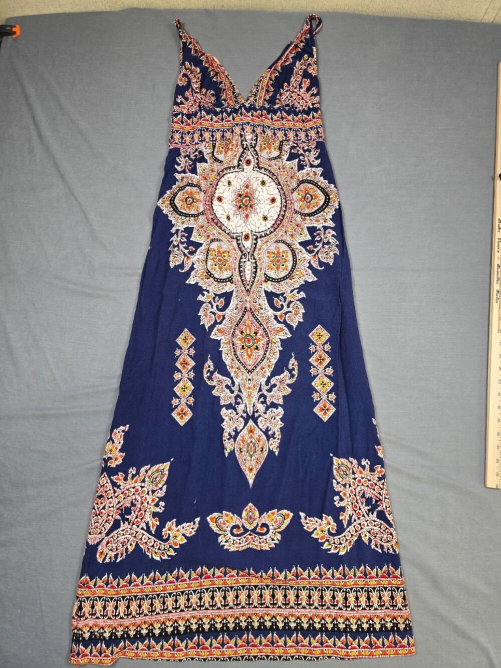 Angie Paisley Print V Neck Sleeveless Maxi Dress Navy Blue Boho